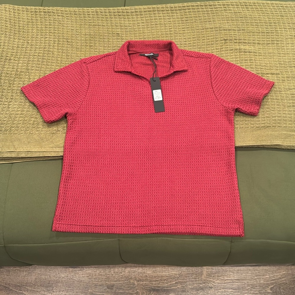 Raffia Texture Knit Johnny Collar Shirt - Red